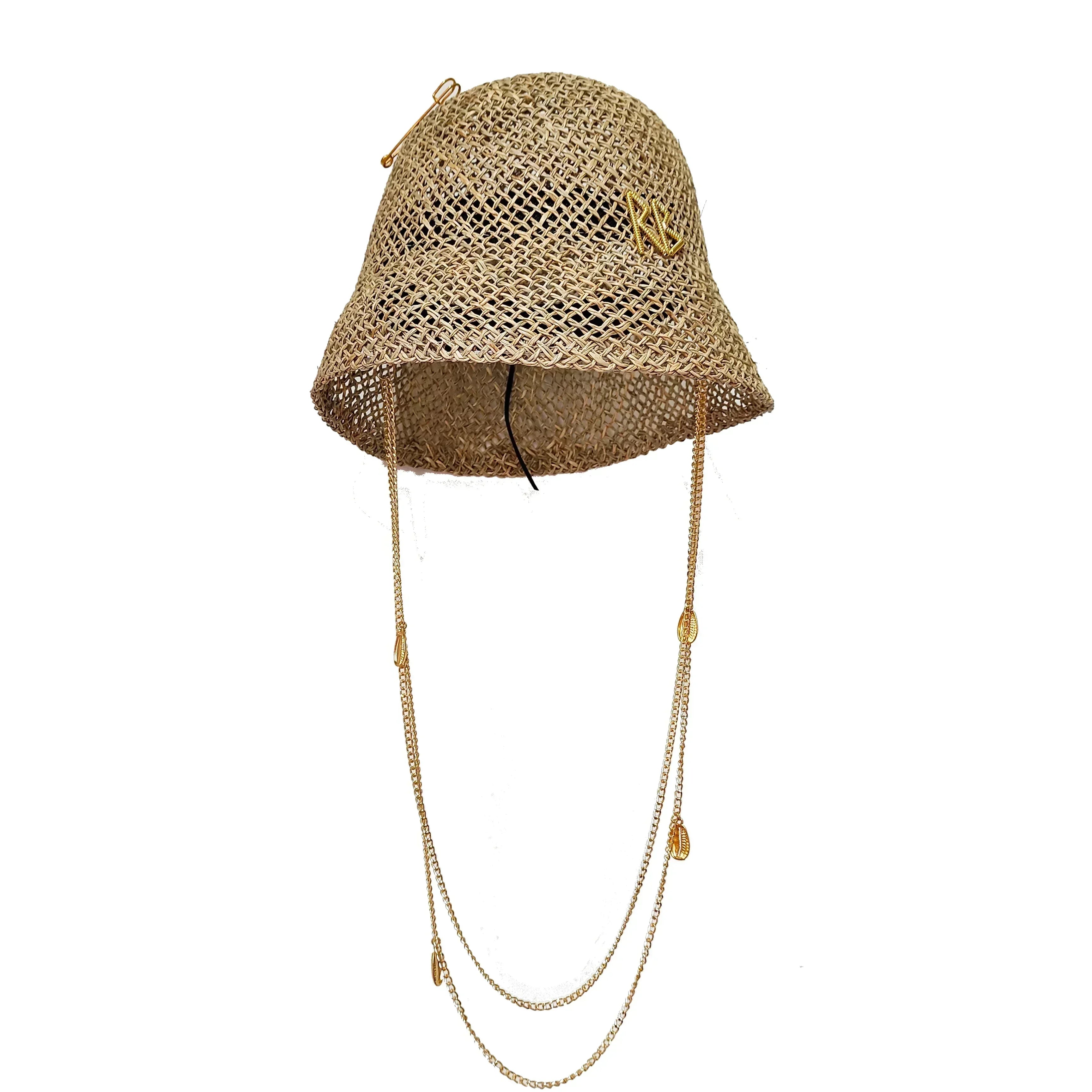 Straw summer hat French elegant ladies seaside travel sun hat Hepburn style wide brim hat  햇빛가리개 모자 모자