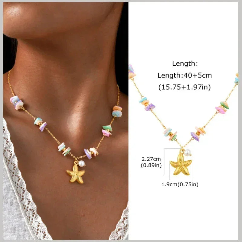 18k Gold Plated Pearl Shell Conch Starfish Summer Beach Necklace, Charms Necklace for Women,Stainless Steel Waterproof Jewelry
