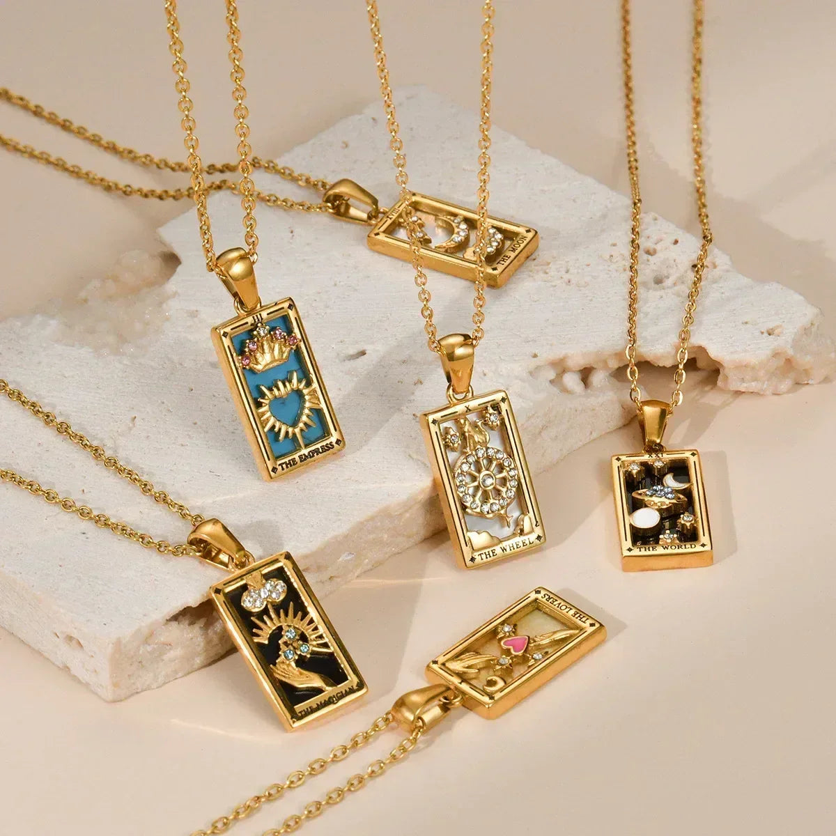 YILUOCD Original Zirconia Tarot Card Necklace Classic Tarot Queen Lover Magician Moon Wealth Amulet Stainless Steel Jewelry