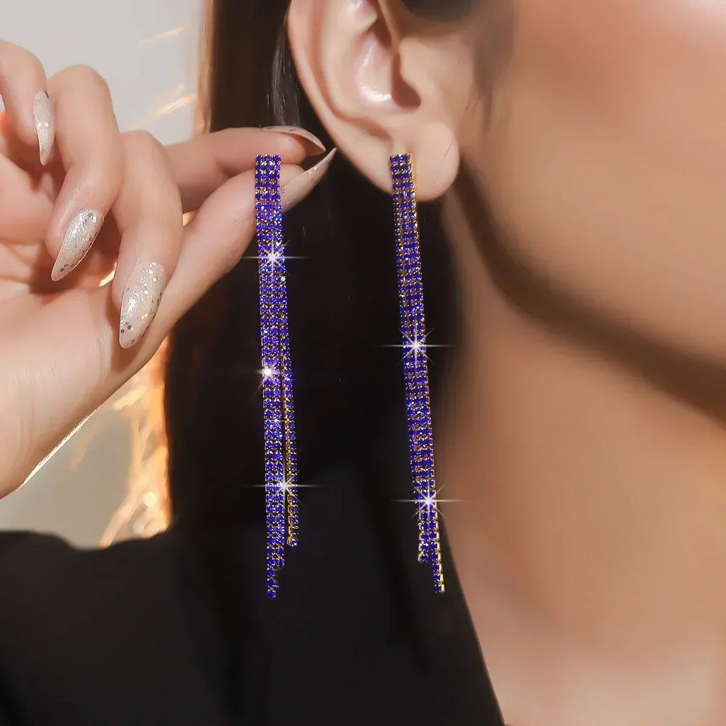 TREAZY Shiny 4 Lines  Rhinestone Crystal Tassel Long Earrings for Women Wedding Party Hanging Dangle Earrings Bridal Brincos