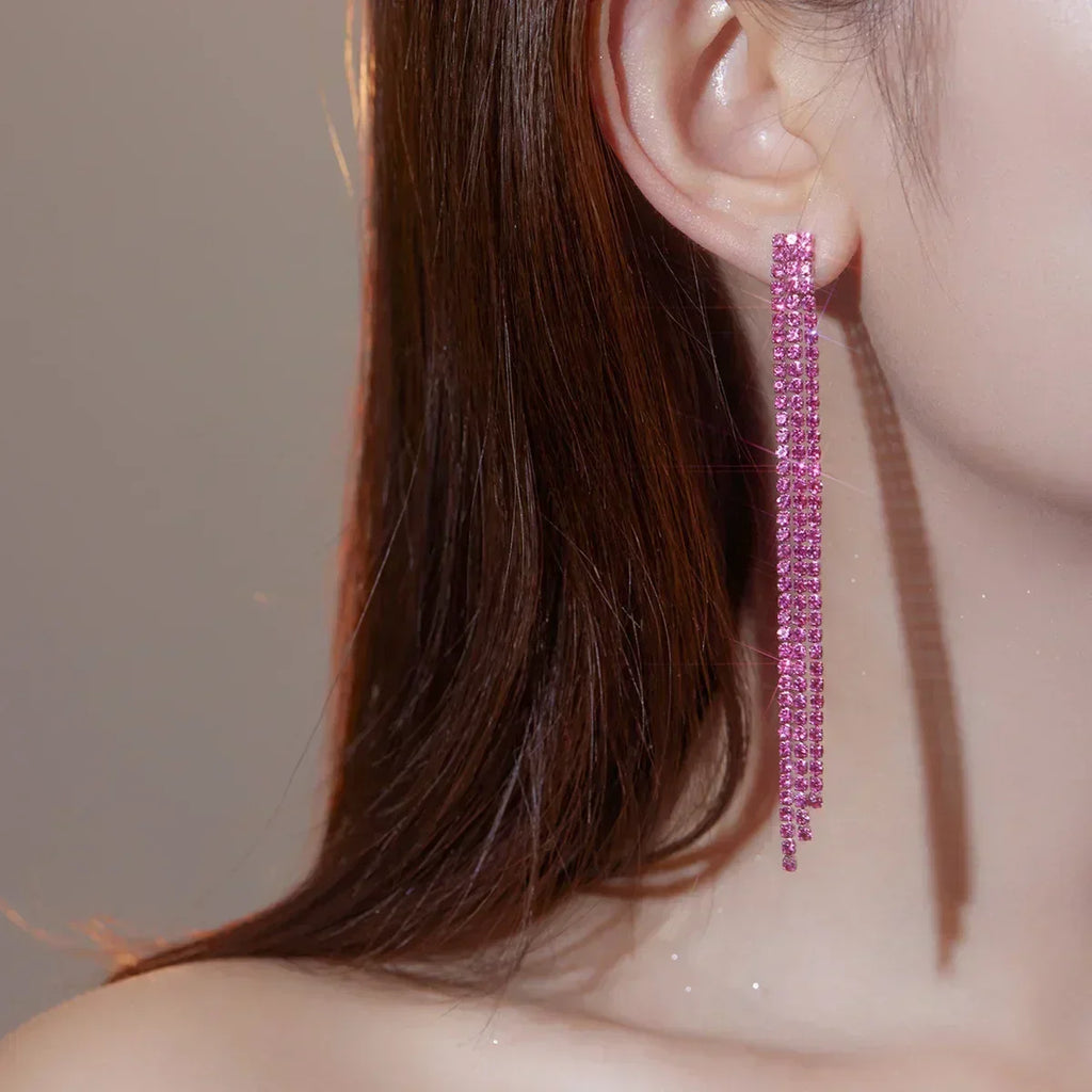 TREAZY Shiny 4 Lines  Rhinestone Crystal Tassel Long Earrings for Women Wedding Party Hanging Dangle Earrings Bridal Brincos