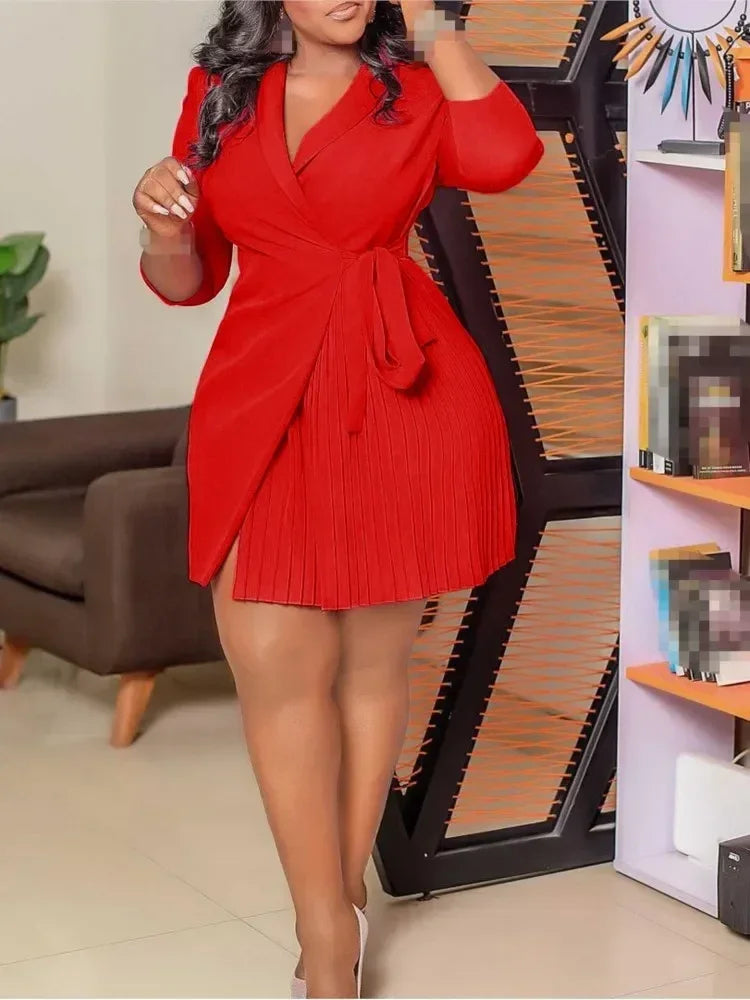 Women  Solid Plus Size Folds Dress Neck Pleated Blazer Style Dress Office Vintage Sexy Lady Belt Party Tight Curvy Short Dress