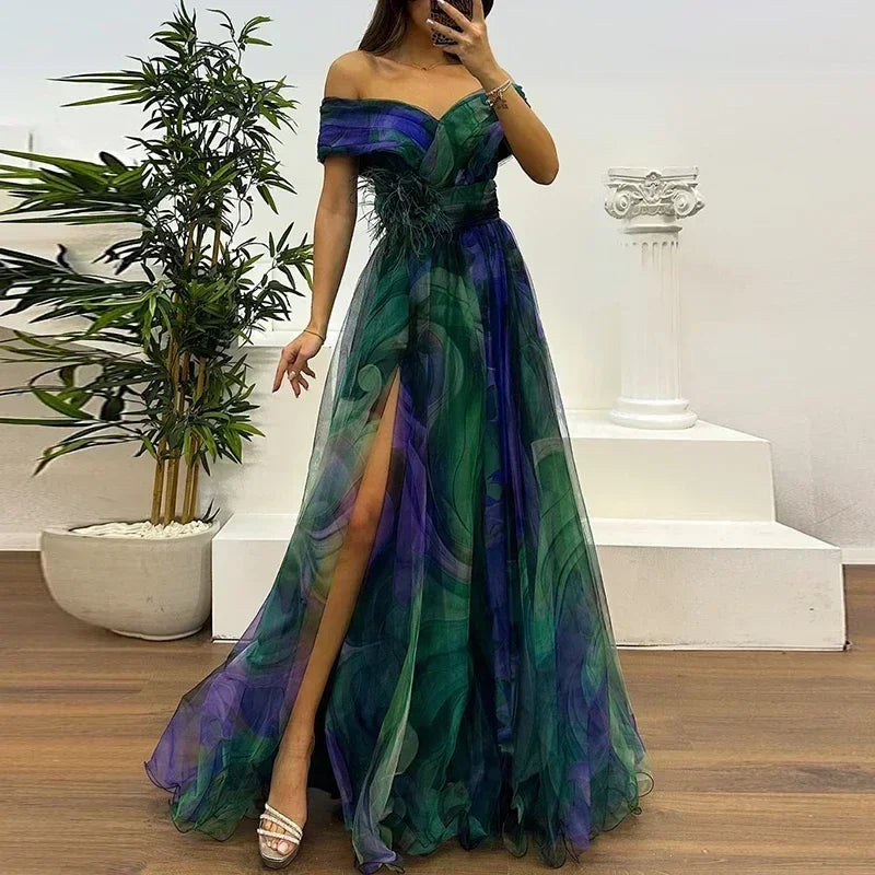 Women 2025 Pattern High Waist Party Dress Sexy Slit Mesh Cocktail Gala Dress Fashion One Shoulder Female Pleated Evening Dress