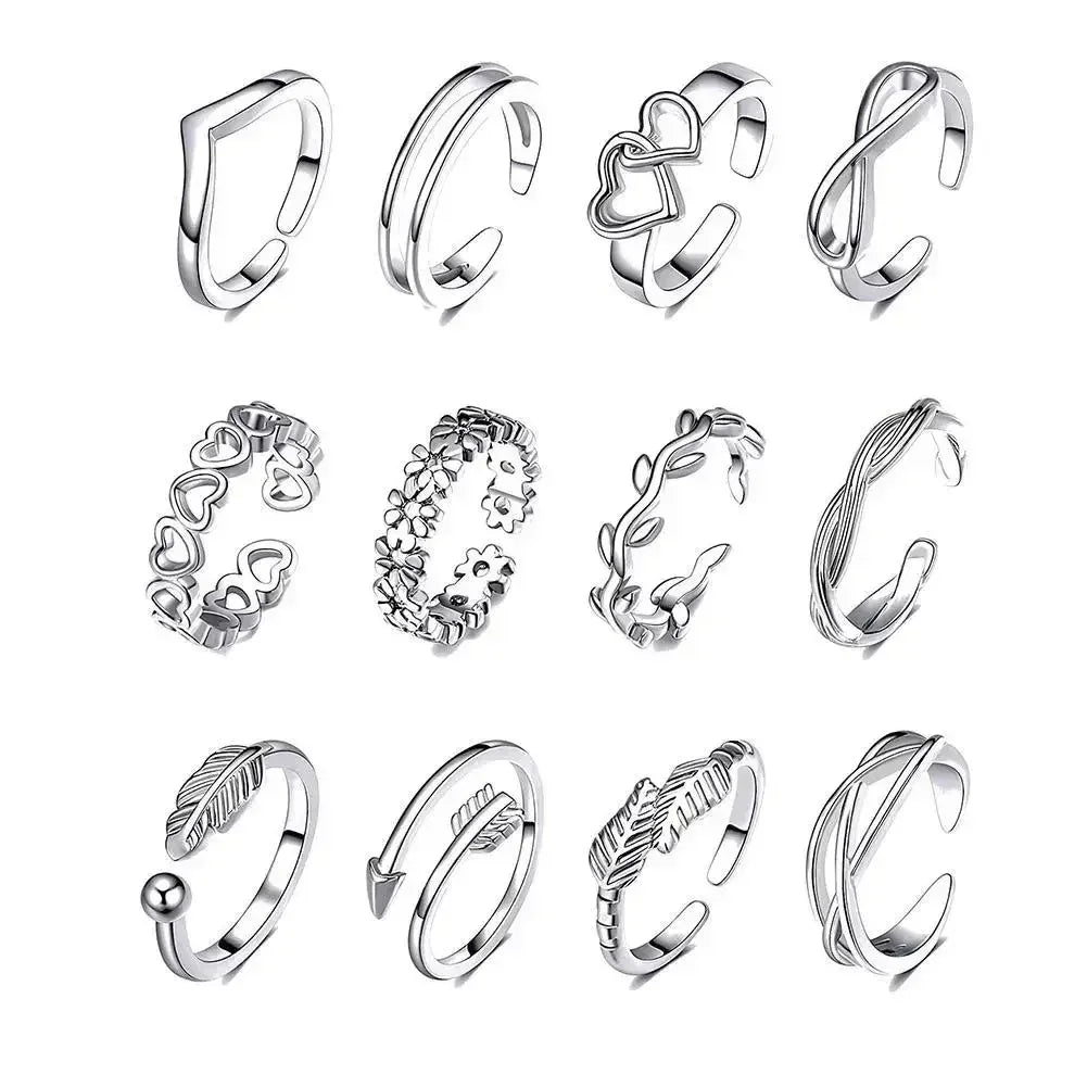 12pcs Adjustable Toe Rings For Women Girls Simple Beach Open Toe Set Cute Heart Feather Summer Toe Foot Jewelry