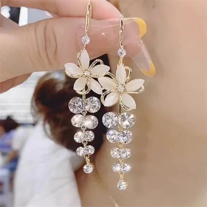 Green Shiny Zircon Flower Drop Earrings For Women Luxury Crystal Long Tassel Ear Line Hanging Earring Girls Wedding Jewelry Gift