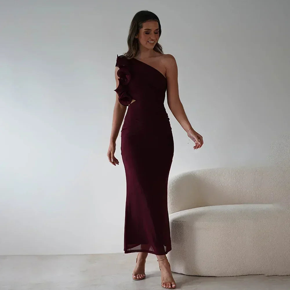 Articat Elegant Sleeveless Slant Shoulder Flower Dress Women Spring/Summer 2025 Sexy Mesh Wrap Hip Dress Party Evening Dress