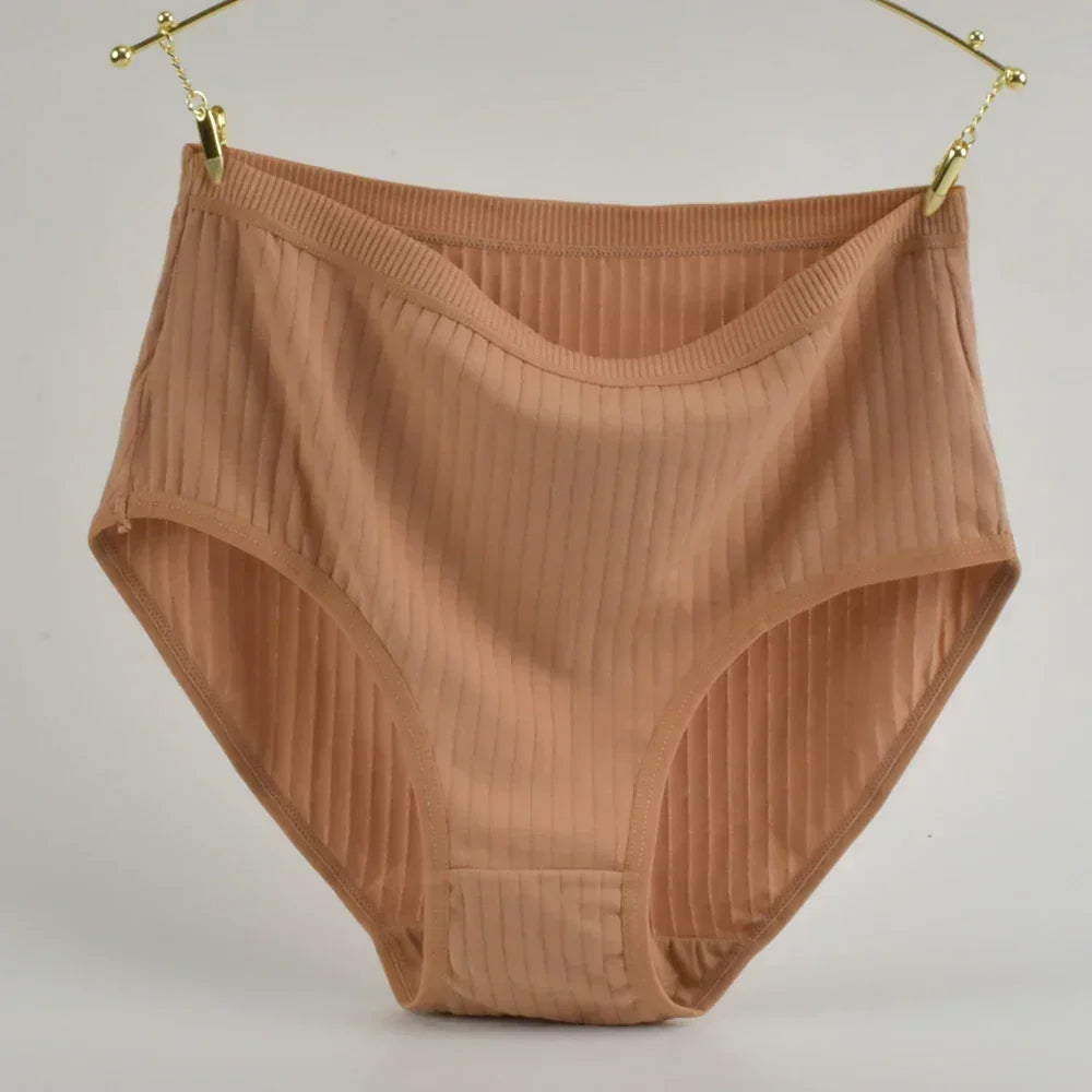 1pc Women's Cotton High Waist Panties – Vertical Stripe Plus Size Underwear Breathable Solid Lingerie Shorts Simple Lady Briefs