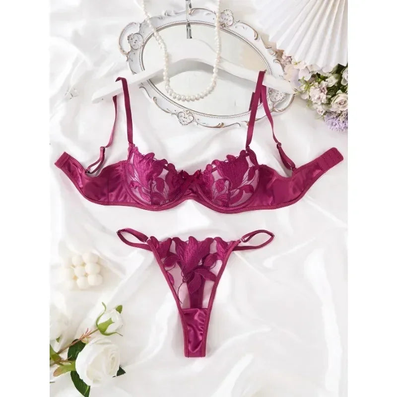 Tornova Sexy Lingerie Woman Lace Transparent Underwear Embroidery Brief Set Bra Kit Push Up Breves Sets Thin Erotic Bras New