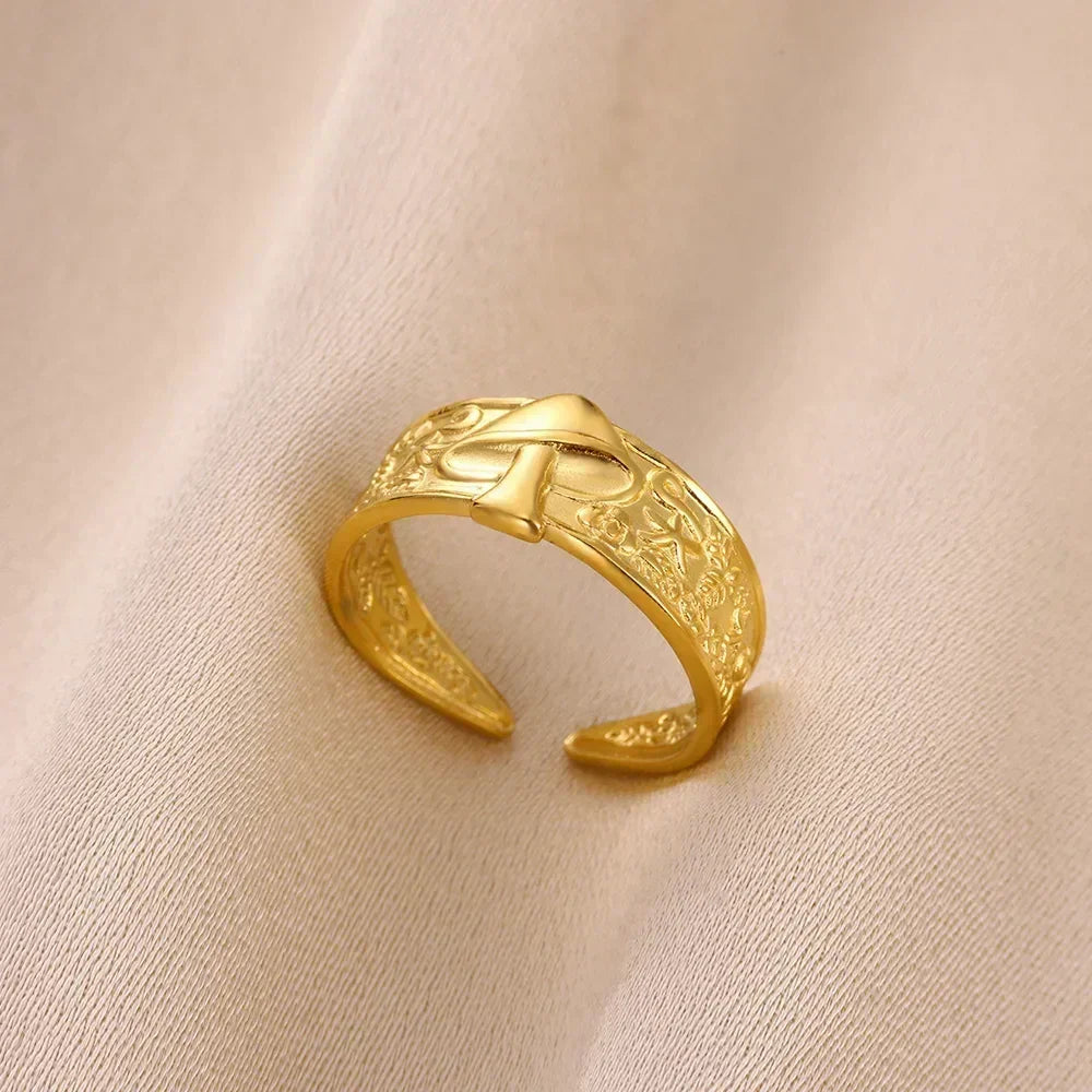 Stainless Steel Flower Open Rings For Women Trend Wedding Heart Jewelry Gold Color Geometric Hollow Ring Daily Accessories Gift