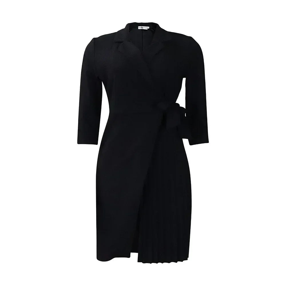 Women  Solid Plus Size Folds Dress Neck Pleated Blazer Style Dress Office Vintage Sexy Lady Belt Party Tight Curvy Short Dress
