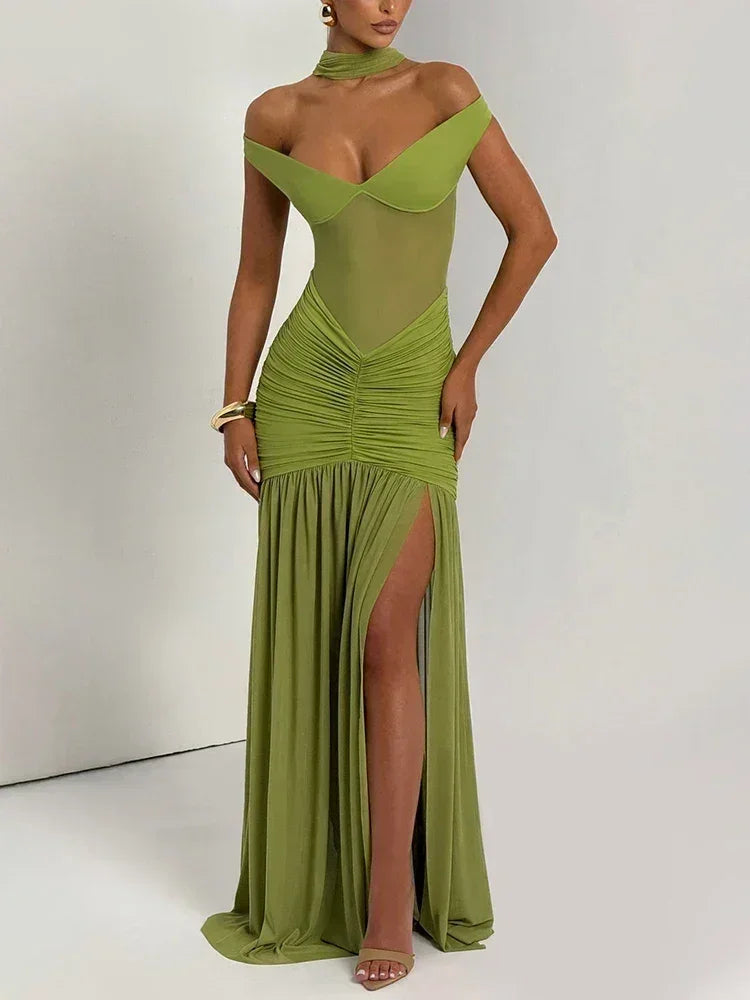 Mozision Off-shoulder Backless Sexy Maxi Dress Women Gown Halter Sleeveless Backless Thigh High Split Club Party Long Dress