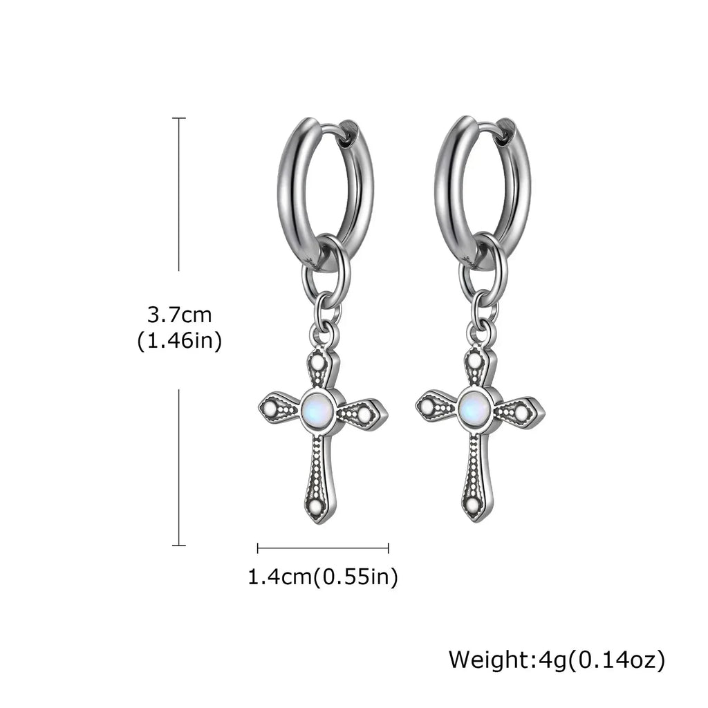 Punk Men's Huggies Earrings,Vintage Long Chain Stainless Steel Ear Drop,Stylish Cross Earring Gift