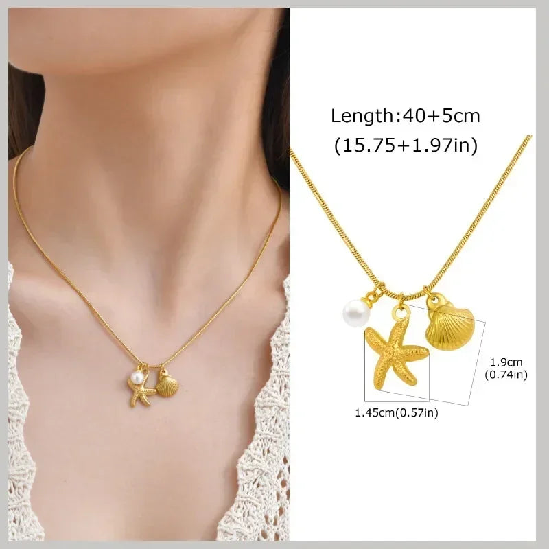 18k Gold Plated Pearl Shell Conch Starfish Summer Beach Necklace, Charms Necklace for Women,Stainless Steel Waterproof Jewelry