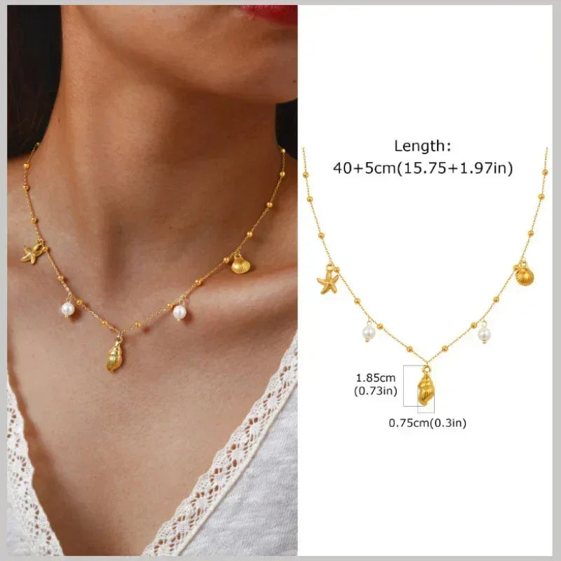 18k Gold Plated Pearl Shell Conch Starfish Summer Beach Necklace, Charms Necklace for Women,Stainless Steel Waterproof Jewelry