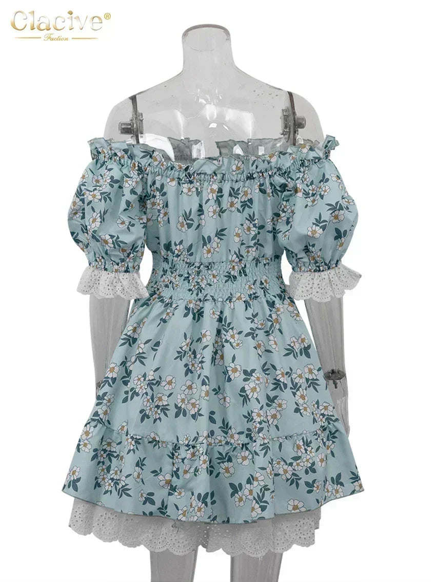 Clacive Summer Slim Print Women's Dress Fashion Slash Neck Short Sleeve Mini Dresses Elegant High Waist Patchwork Female Dress