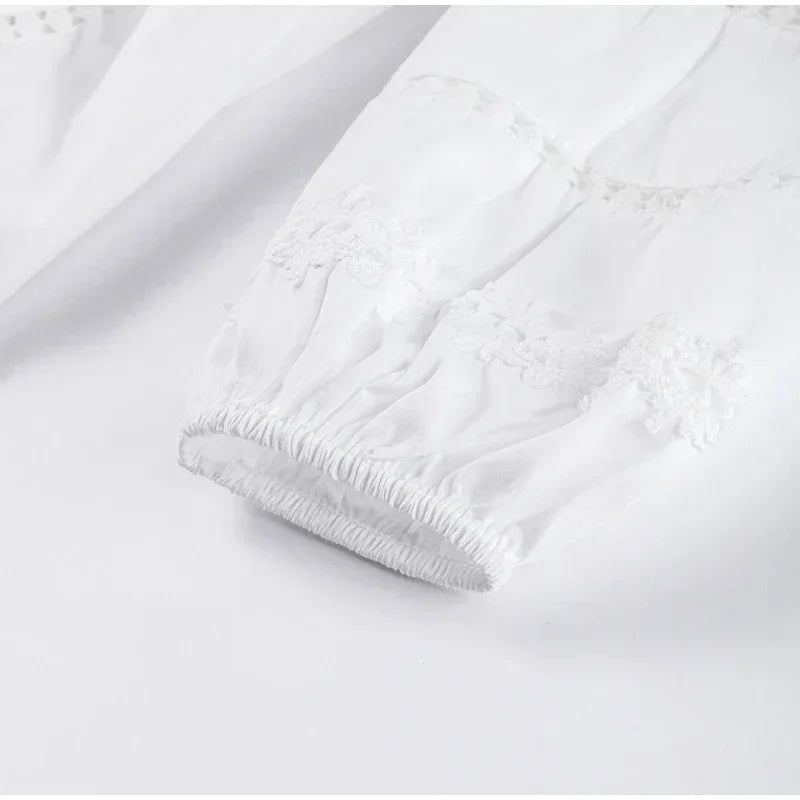 Elegant Lace Patchwork Hollow Out Dress Women Solid V-neck Long Lantern Sleeve Loose Dresses 2025 Spring Vacation Lady Robes