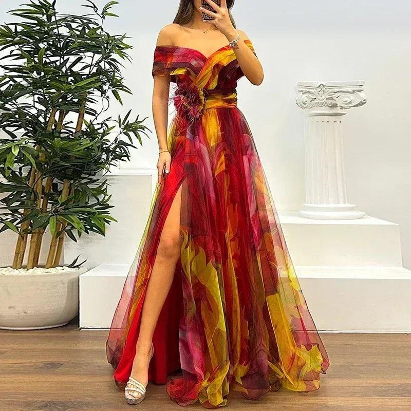 Women 2025 Pattern High Waist Party Dress Sexy Slit Mesh Cocktail Gala Dress Fashion One Shoulder Female Pleated Evening Dress