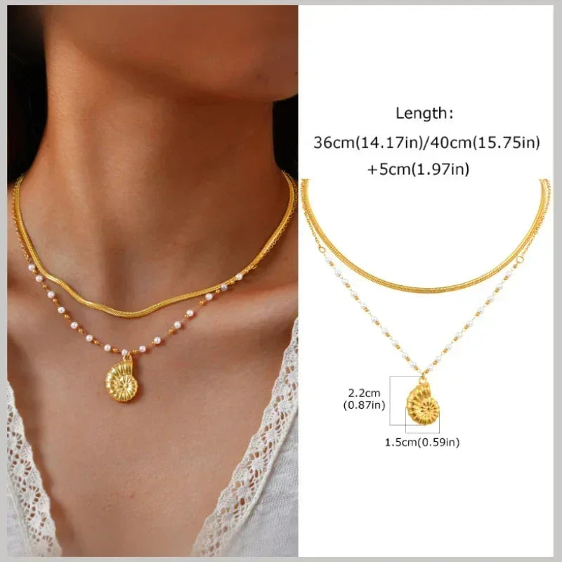 18k Gold Plated Pearl Shell Conch Starfish Summer Beach Necklace, Charms Necklace for Women,Stainless Steel Waterproof Jewelry