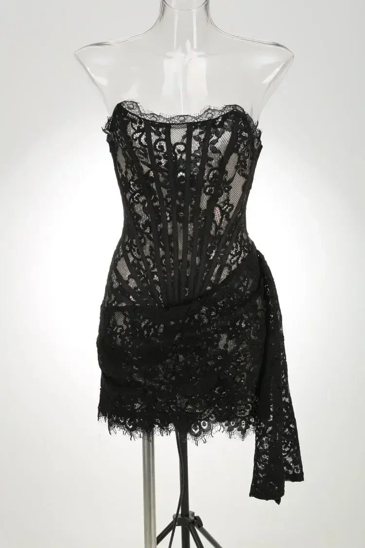 TARUXY Sexy Lace See-through Patchwork Corset Dress Female Bodycon Elegant Party MIrrgualr Mini Dress Women Tube Top Dress New