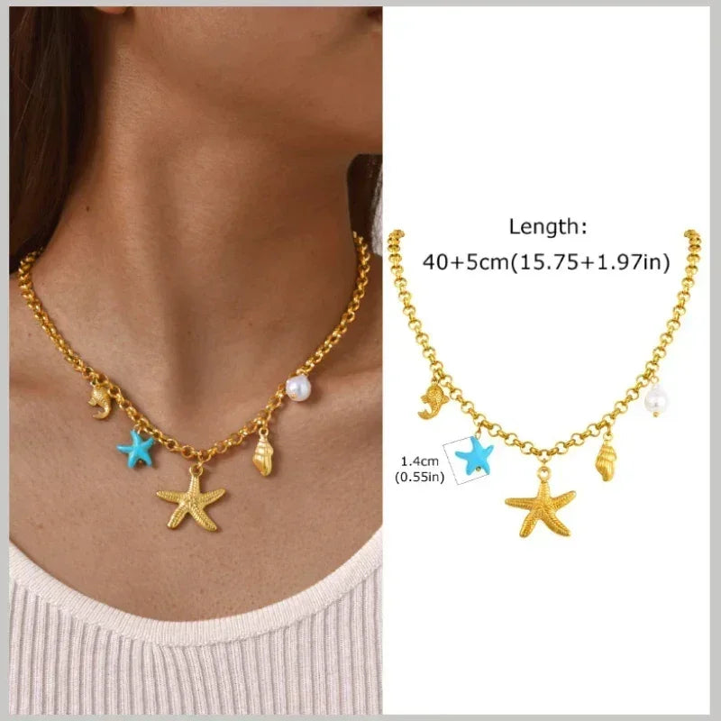 18k Gold Plated Pearl Shell Conch Starfish Summer Beach Necklace, Charms Necklace for Women,Stainless Steel Waterproof Jewelry