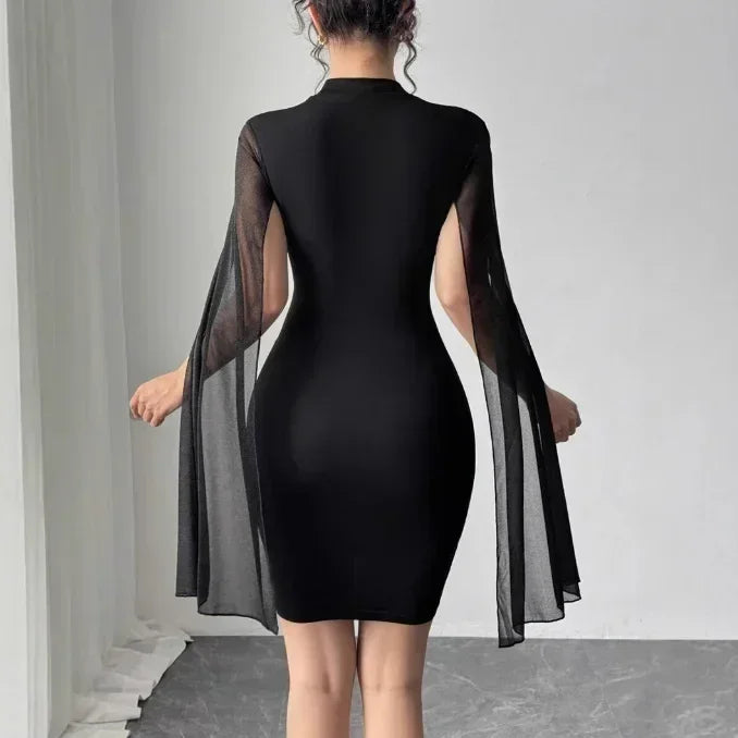 Elegant Cape-Sleeve Dress - 2025 Office Lady Pearl Chiffon Party Dress