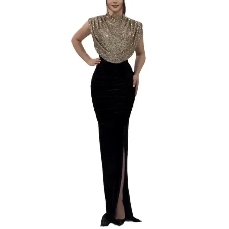 Lady Fashion Sleeveless Draped Split Dress Casual O Neck Sequin Splicing Party Dress 2025 New Year Elegant High Waist Long Dress