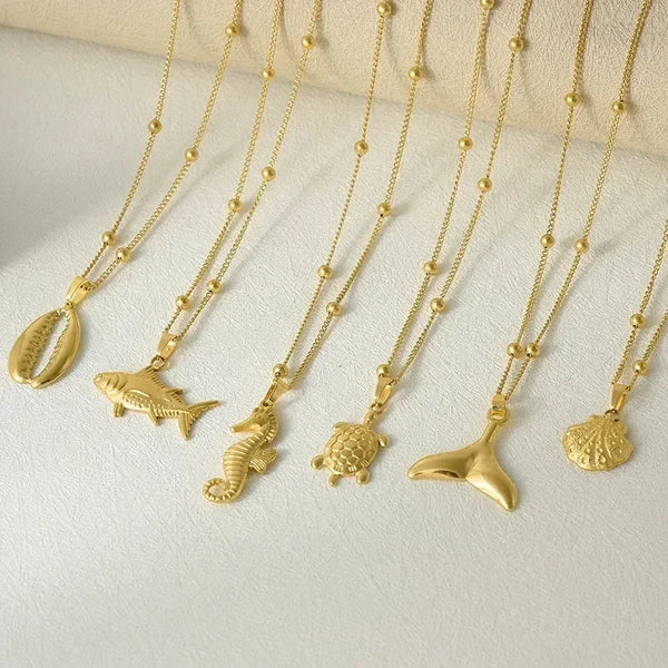 1Pc Temperament Fashion Summer Beach Blue Marine Life Sea Horse Shell Turtle Mini Fish Bead Necklace Classic Clavicle Chain