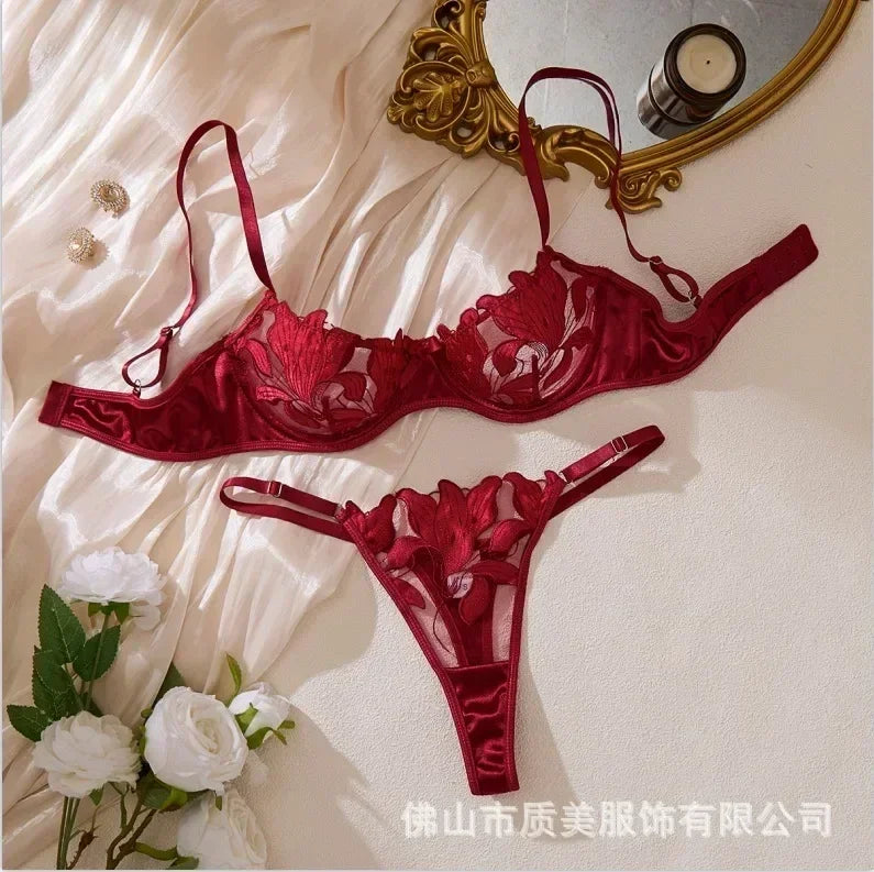 Tornova Sexy Lingerie Woman Lace Transparent Underwear Embroidery Brief Set Bra Kit Push Up Breves Sets Thin Erotic Bras New