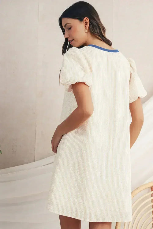 Beige Striped Print Puff Sleeve Textured Mini Dress