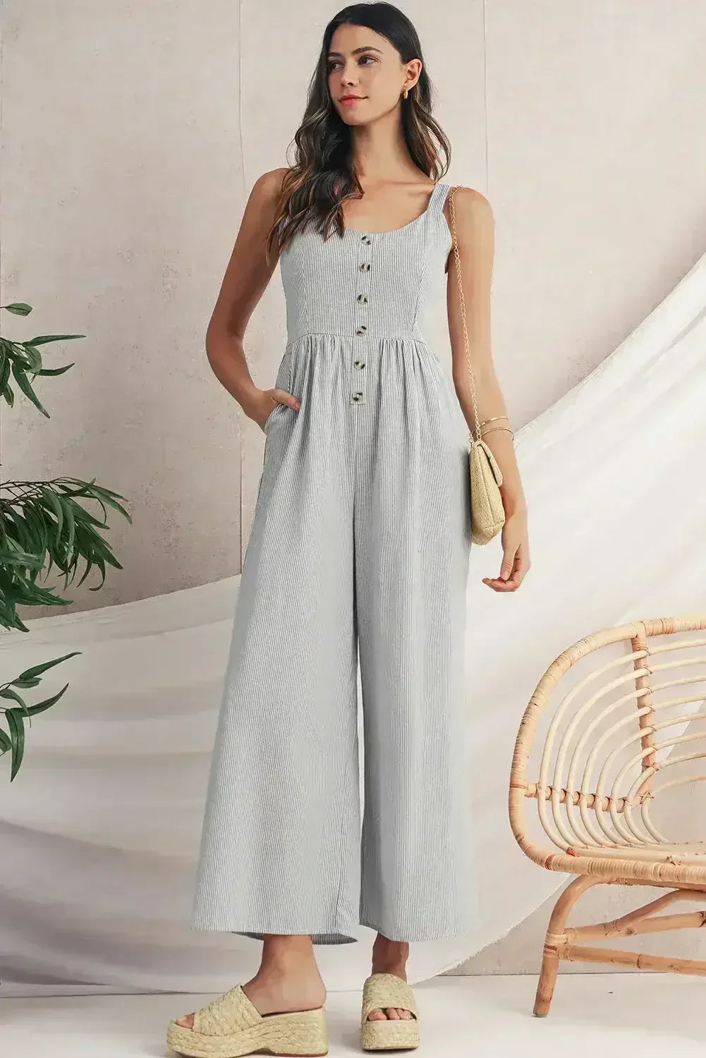 Black Stripe Half Buttoned Sleeveless Wide Leg Jumpsuit