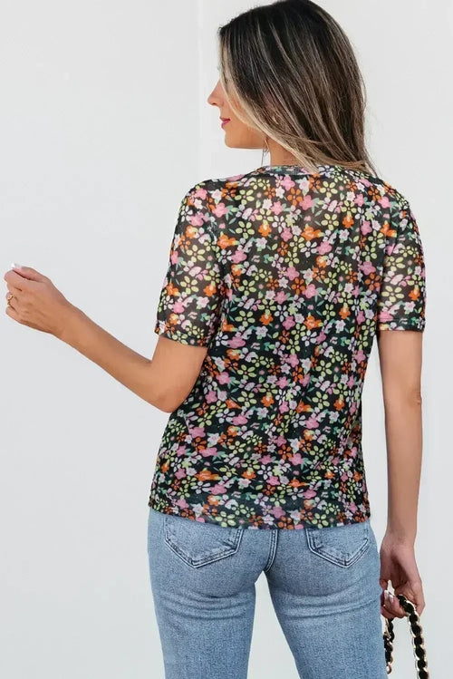 Black Sheer Mesh Floral Round Neck T Shirt with Camisole