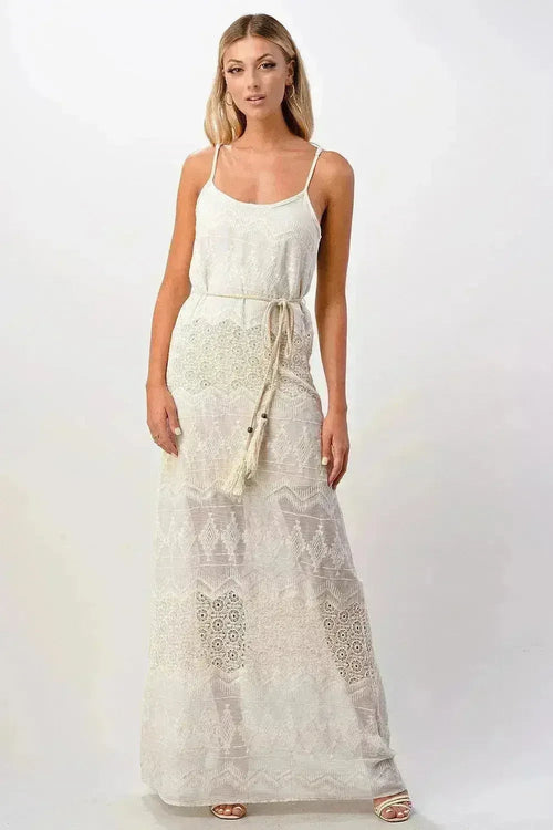 Boho Aztec Embroidered Maxi Dress Adjustable Straps - Femstylo
