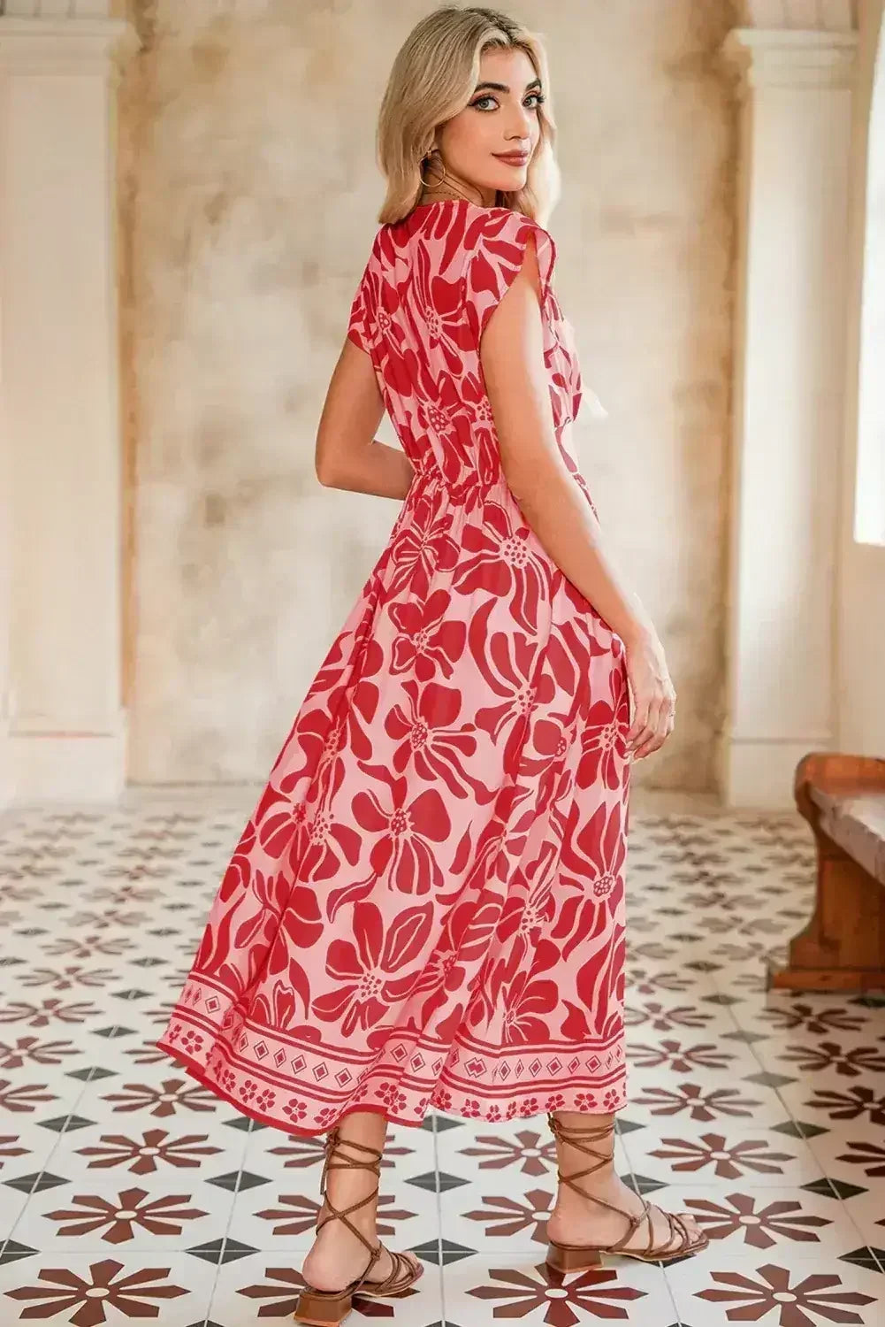 Red Boho Floral V-Neck Ruffle Shoulder Maxi Dress