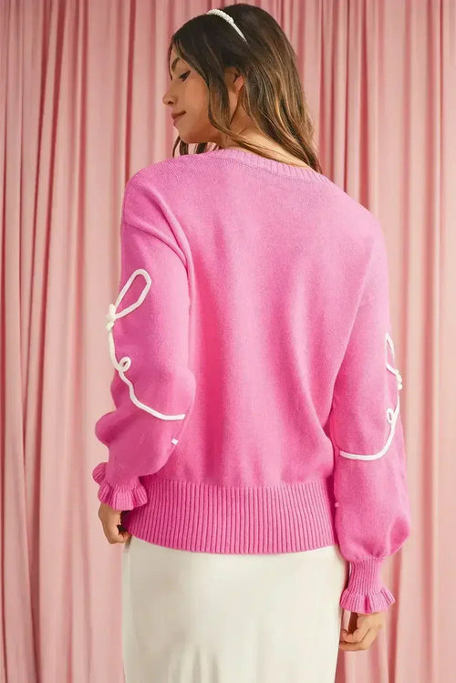 Bright Pink Sweet Bow Pattern Drop Sleeve Knit Sweater