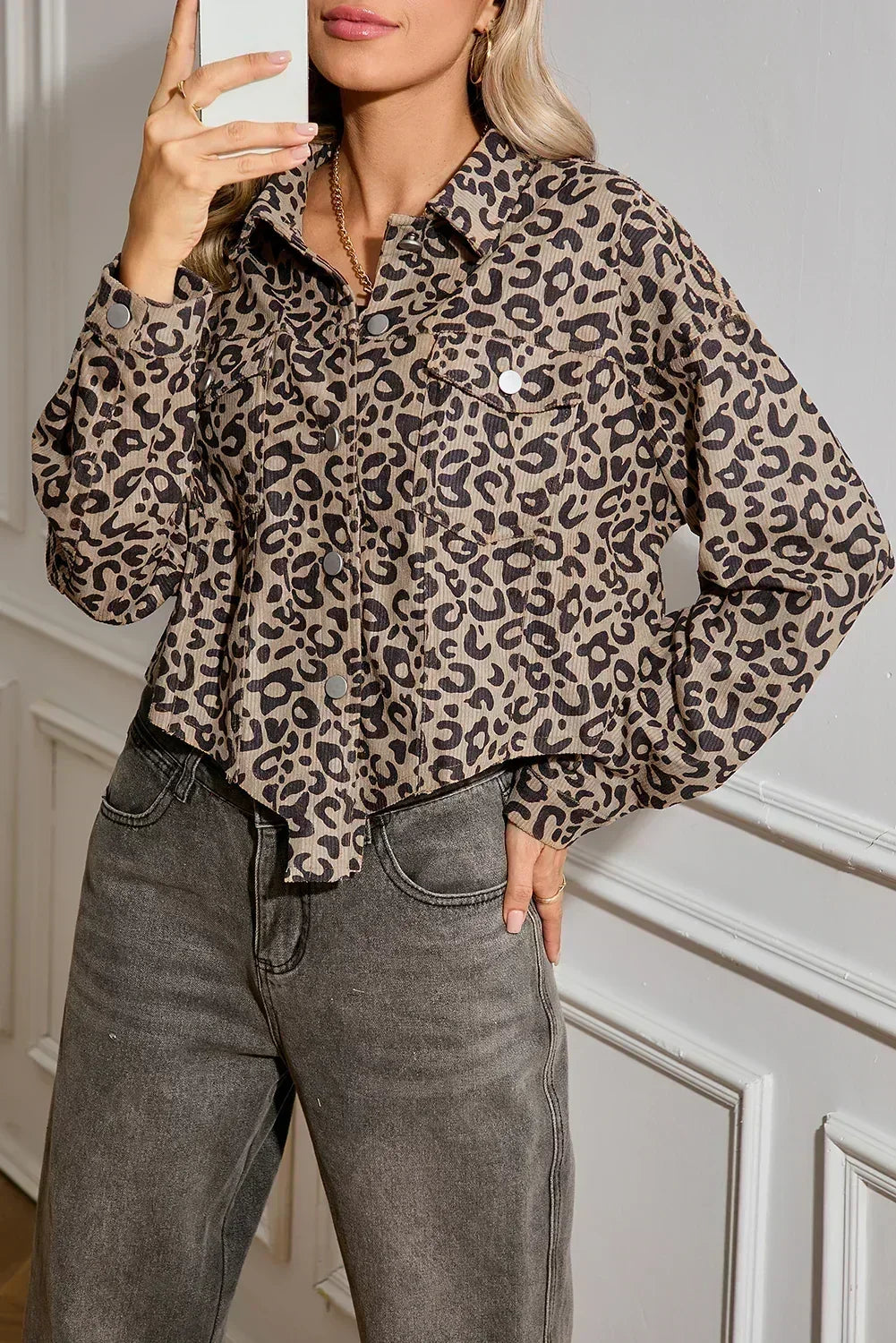 Dark Khaki Leopard Print Raw Hem Cropped Jacket – Femstylo
