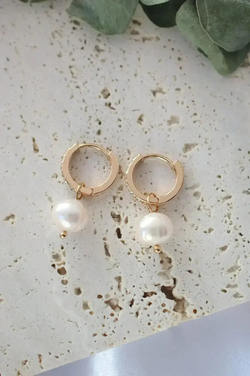 Baroque Pearl Hoop Earrings - 24K Gold & CZ | Femstylo