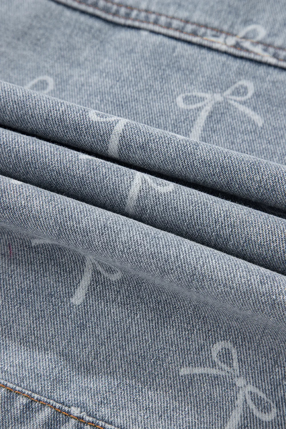 Sky Blue Bow Print Light Wash Raw Hem Denim Jacket