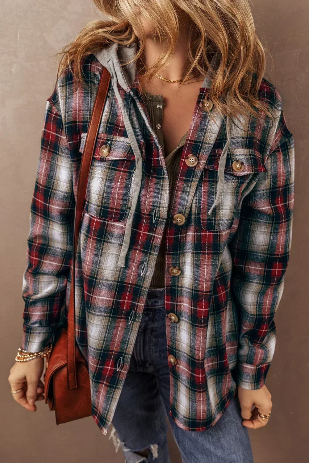 Plaid Hooded Shacket - Red Buffalo Check - Button-Up Overshirt Jacket