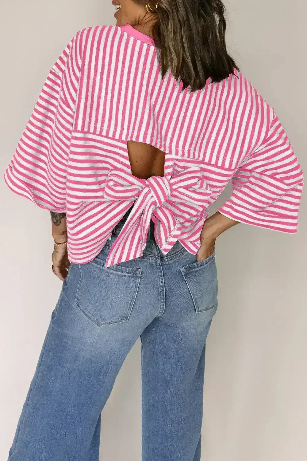 Black Stripe Bowknot Backless T-Shirt