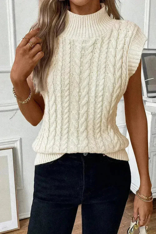 Cable Knit Sweater Vest – High Neck & Textured Oatmeal
