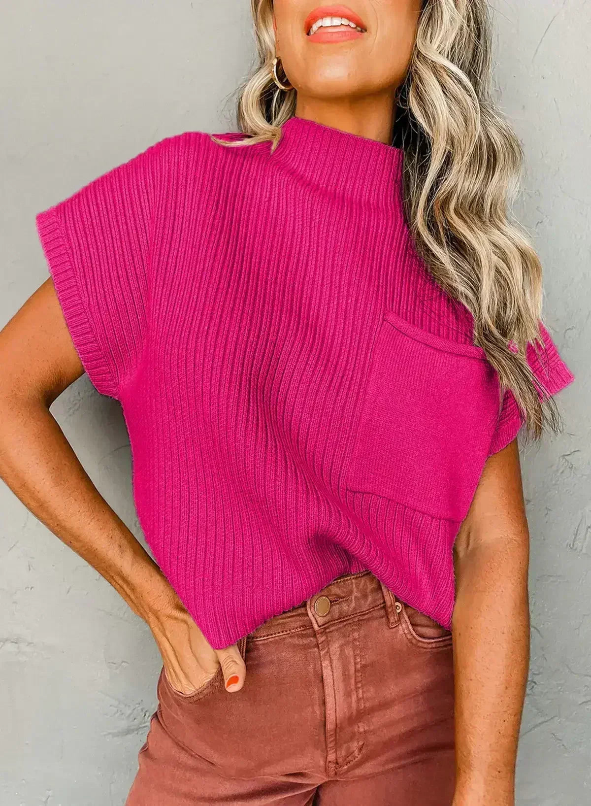 Mineral Red Patch Pocket Ribbed Knit Short Sleeve Sweater