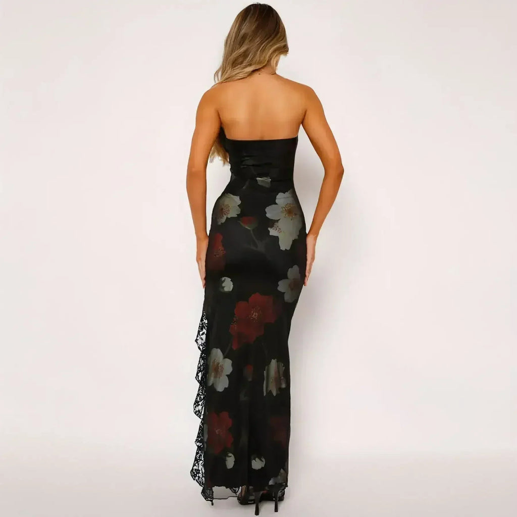 Printed Lace Stitching Wrapped Chest Dew Dress