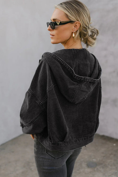 Black Chest Pocket Drop Shoulder Hooded Denim Jacket