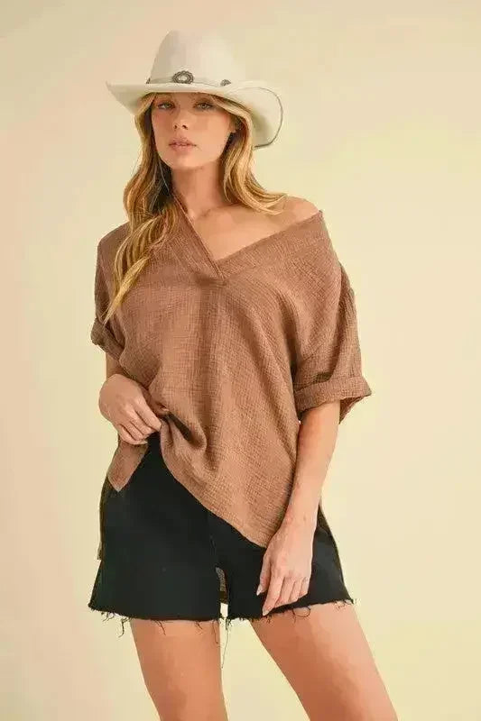 Aemi + Co Side Slit V-Neck Short Sleeve Blouse | Femstylo