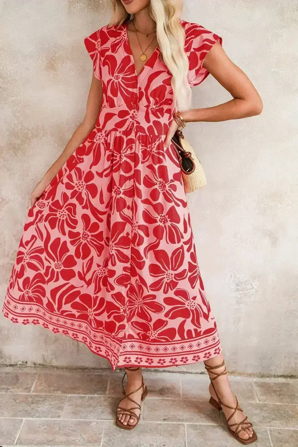 Red Boho Floral V-Neck Ruffle Shoulder Maxi Dress